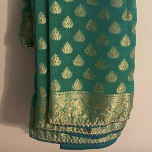 Teal/gold saree